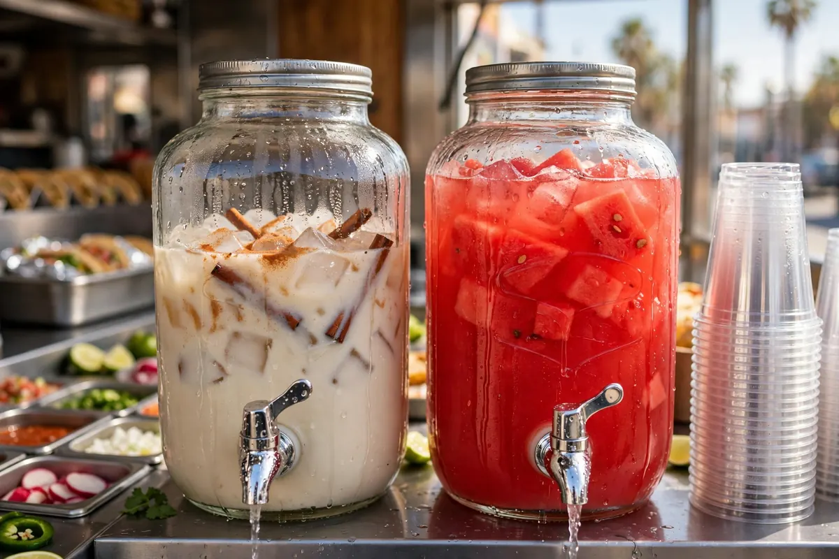 Glass dispensers of horchata and watermelon agua fresca on a truck counter