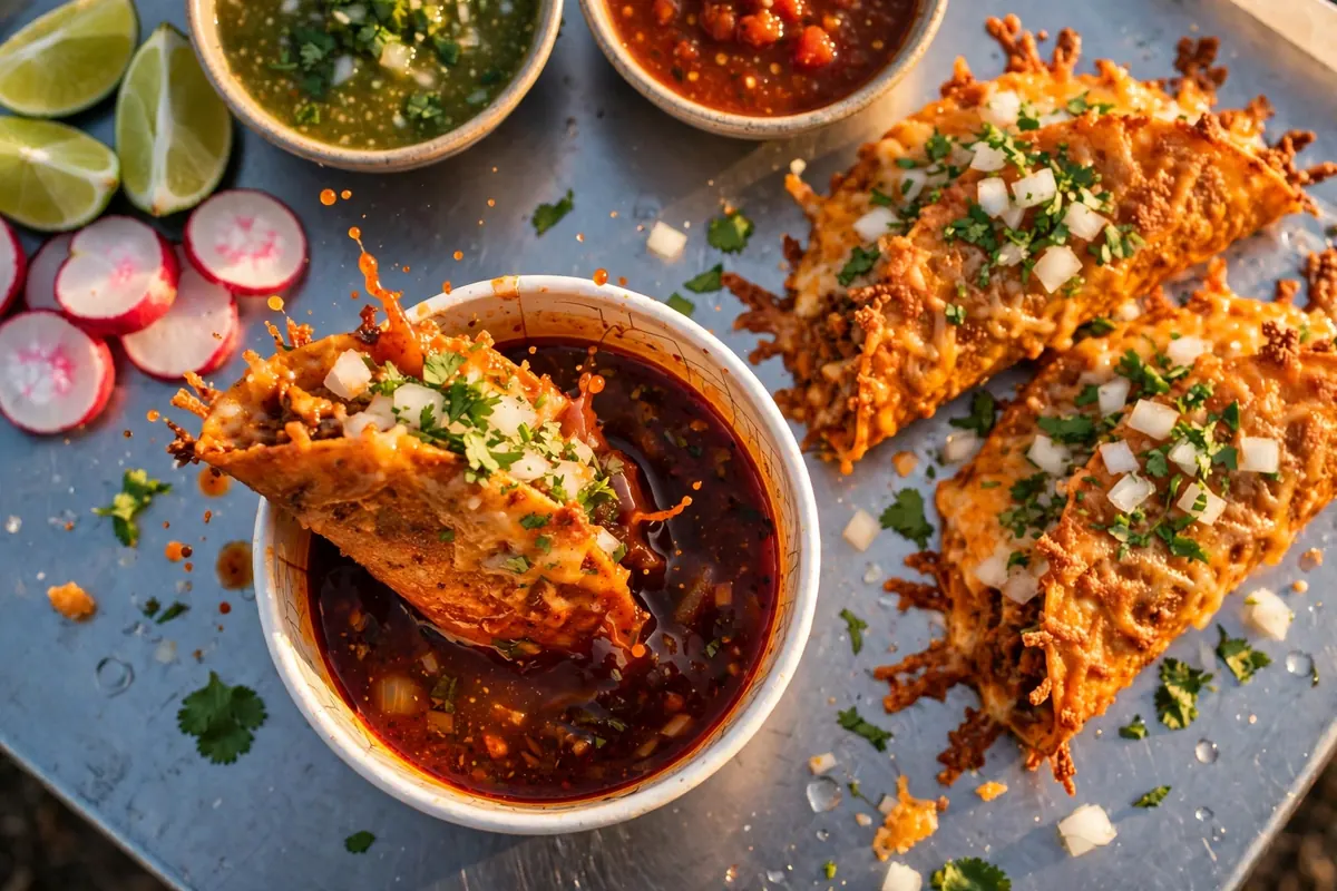 Crunchy cheese birria tacos with a cup of consome broth, salsa verde, salsa roja, lime and radish