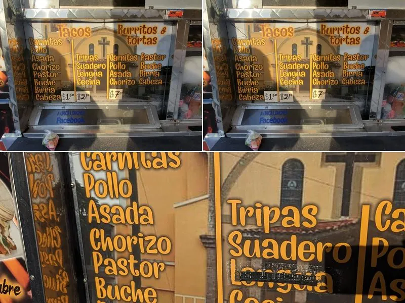Close view of the La Unica truck menu board listing tacos, burritos and tortas