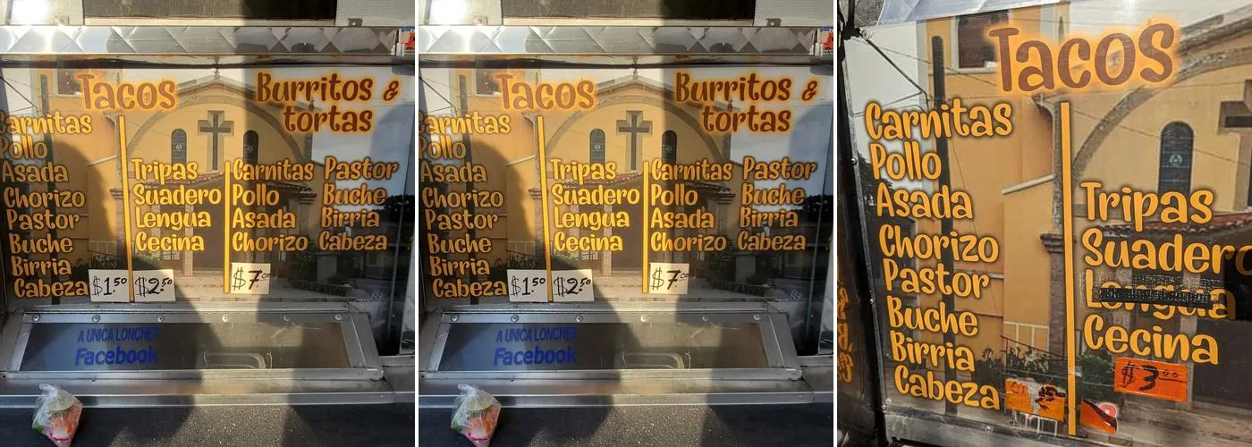 The La Unica taco truck side, painted with a Michoacan church mural and its hand-lettered menu board